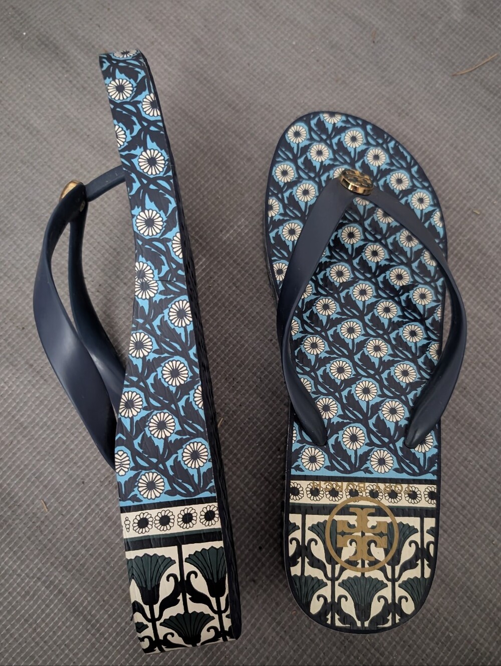 Tory Burch Navy Blue Floral Platform Flip Flops with Gold Logo